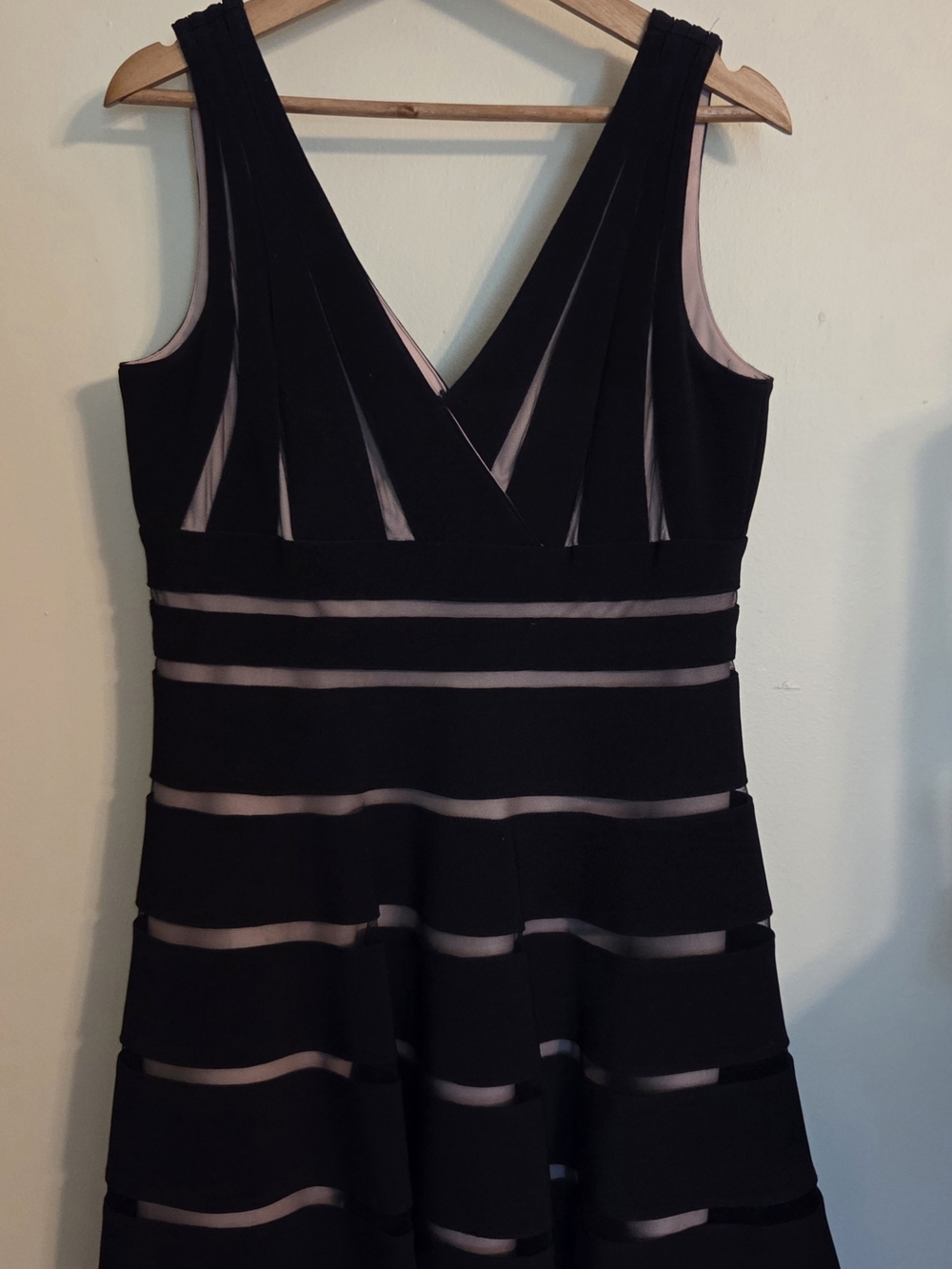 JS Collections Black Midi Fit-and-Flare Dress with Sheer Stripes